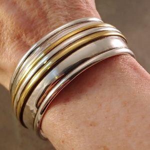 Laton Taxco Sterling and Brass Wide Cuff Bracelet